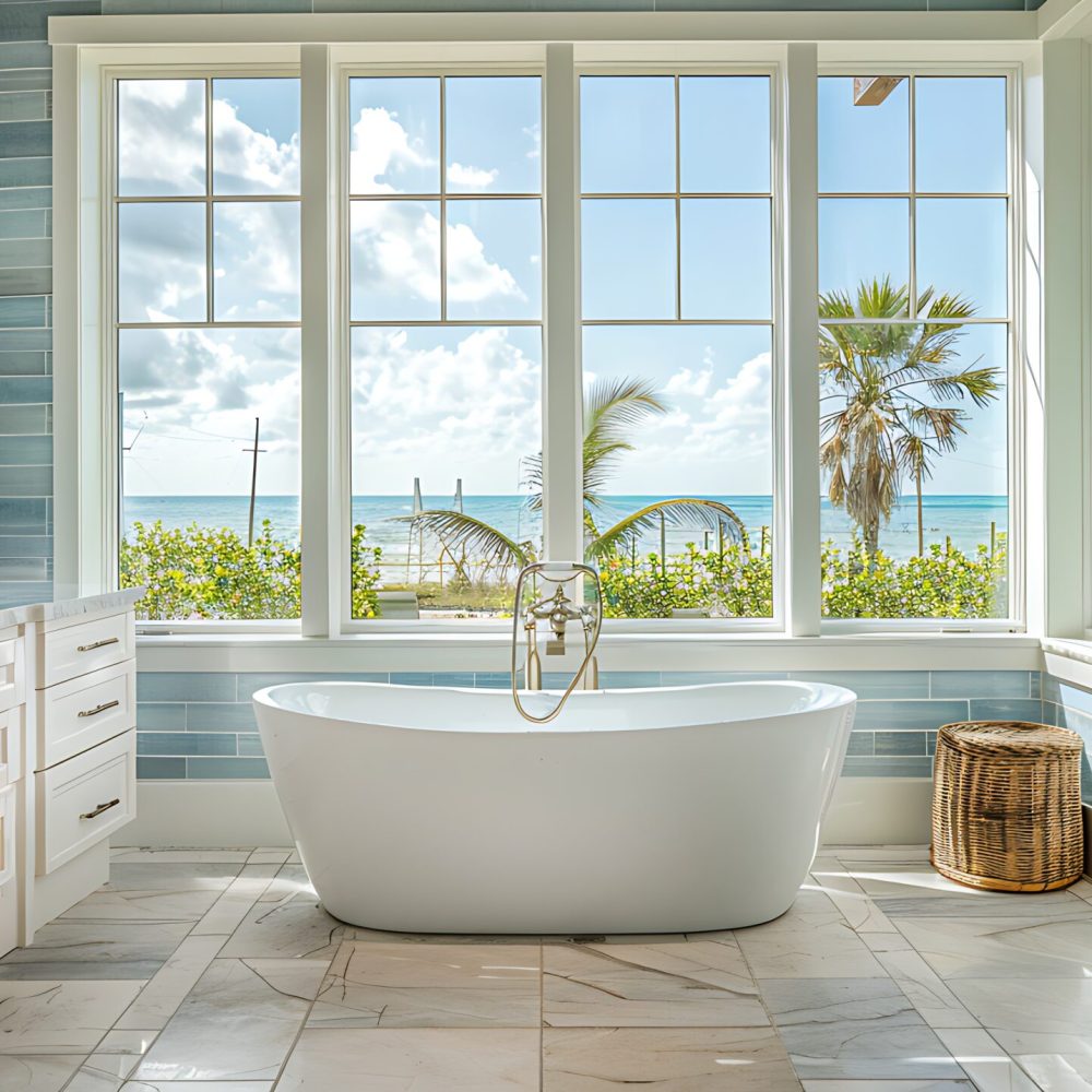 A coastal bathroom with a freestanding tub, white and blue tiles, marble vanity, nautical fixtures, large windows with ocean views, and a fresh, airy design, hd quality, natural look. --ar 16:9 --v 6.