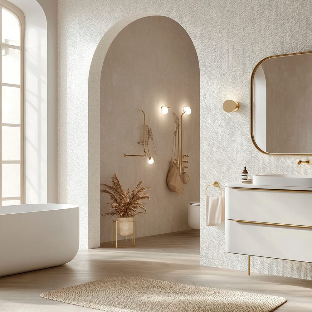White and brass mid-century modern bathroom clean vanity with brass hardware large mirror with brass frame soft lighting and simple decor create a refined aesthetic. --ar 16:9 --stylize 150 --v 6.1 Job ID: 41833d72-3418-4a78-8100-e90c0f02a7ce